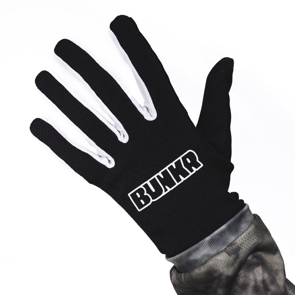 BUNKR Gloves black MX riding glove, back of hand with BUNKR logo